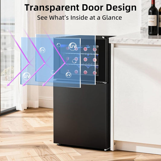 Black refrigerator with transparent door design in a kitchen setting