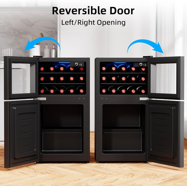 Two black wine coolers with reversible doors on a wooden floor.
