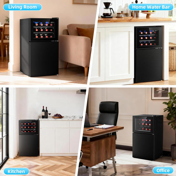 Black wine cooler in various settings including a living room, home water bar, kitchen, and office.