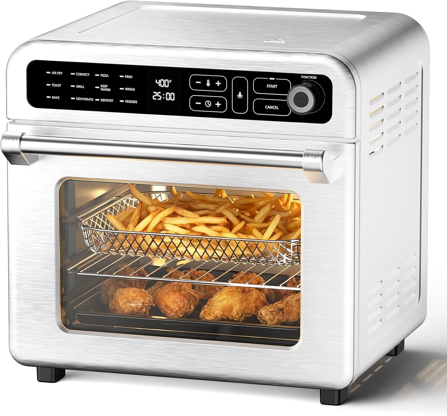 White toaster oven with food inside on a white background
