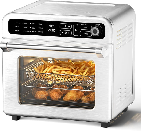 White toaster oven with food inside on a white background