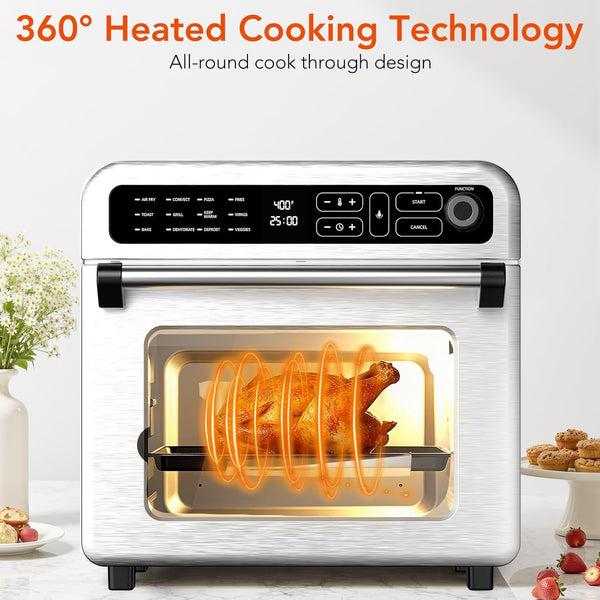 White oven with chicken cooking inside, surrounded by baked goods and flowers on a light background.