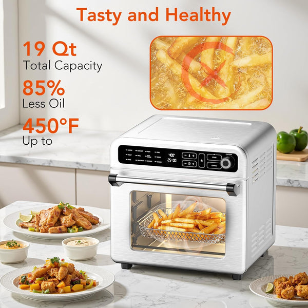 Air fryer with food on a kitchen counter, highlighting features like capacity and oil reduction.