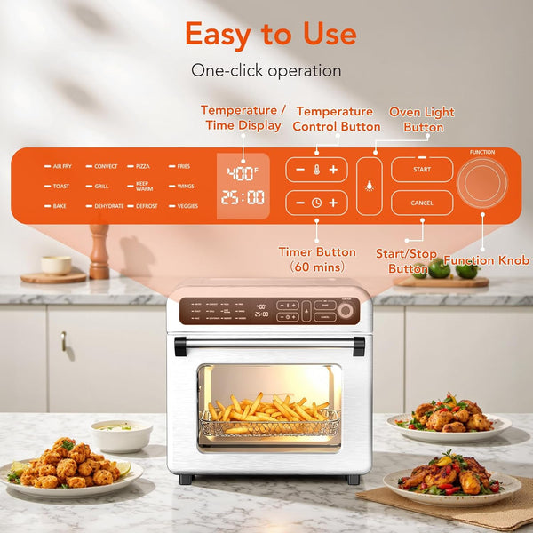 Multifunctional oven with digital display and control panel, surrounded by cooked food on a kitchen counter.