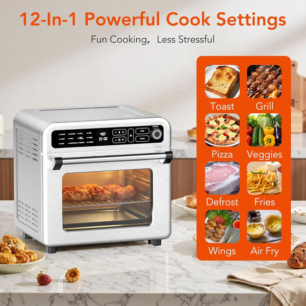 Multifunctional oven with various cooking settings displayed on an orange panel.