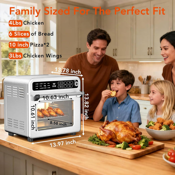 Family in a kitchen with a toaster oven displaying its dimensions and uses.