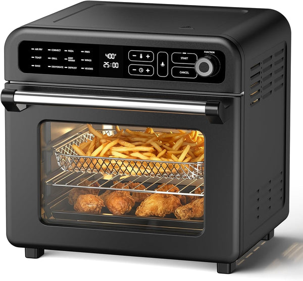 Black air fryer with food inside on a white background