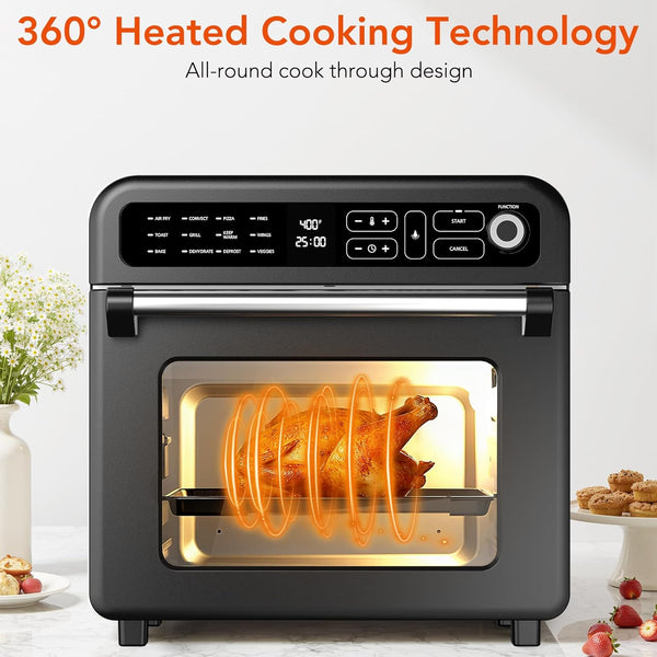 Black oven with chicken cooking inside, labeled '360° Heated Cooking Technology'.
