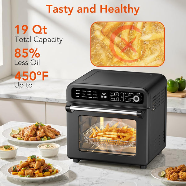 Black air fryer with food on a kitchen counter, highlighting features like capacity and oil reduction.