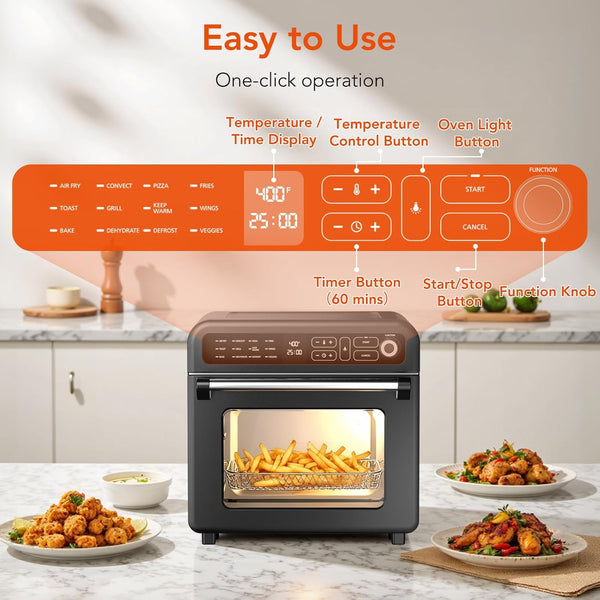 Digital oven with control panel and food on a kitchen counter