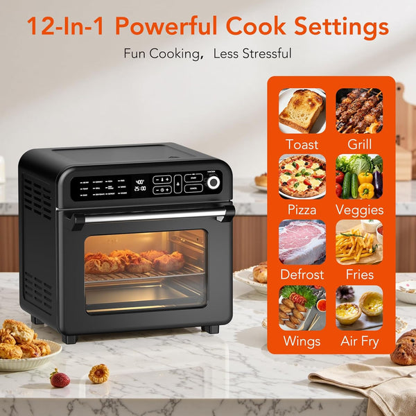 Black toaster oven on a kitchen counter with cooking settings displayed on an orange panel.
