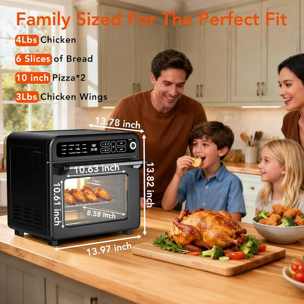 Family in a kitchen with an air fryer, roasted chicken, and measuring dimensions.