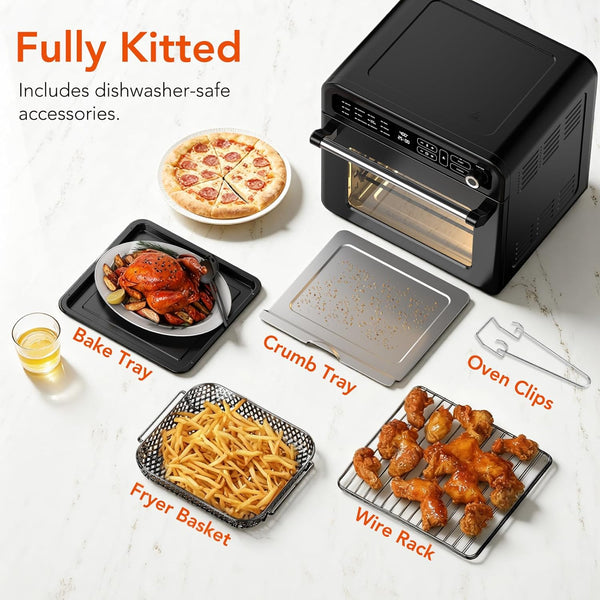 Multifunctional kitchen appliance with various accessories and cooked foods on a white background.
