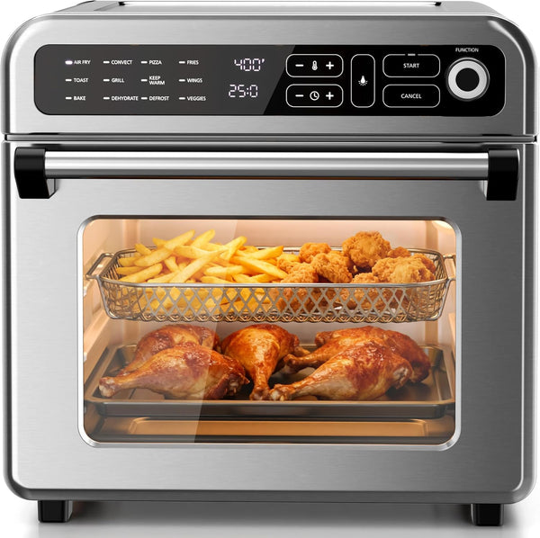 Multifunctional oven with chicken, fries, and vegetables inside on a white background