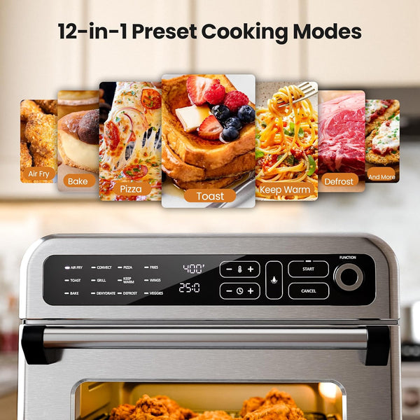 Multifunctional oven with digital display and cooking modes icons above it.