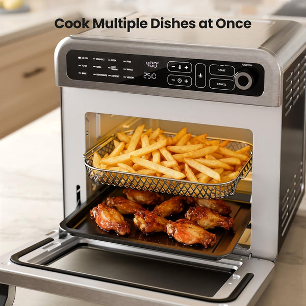 Multifunctional oven with food items inside, displaying 'Cook Multiple Dishes at Once'.