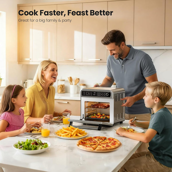 Family in a kitchen with a toaster oven, preparing food together.