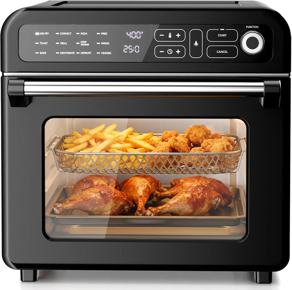 Black air fryer with food items inside on a white background