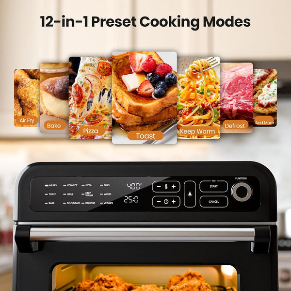 Multifunctional oven with digital display and cooking modes icons on a kitchen background