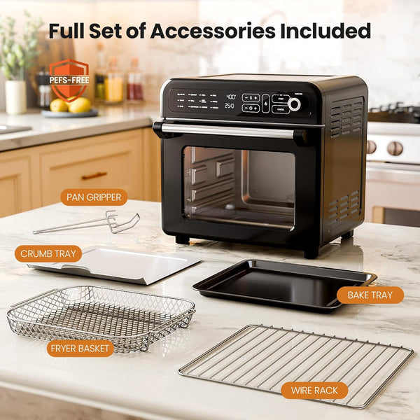 Black oven with accessories on a kitchen counter, including a crumb tray, fryer basket, wire rack, and bake tray.