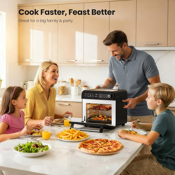 Family in a kitchen with a toaster oven, cooking together.