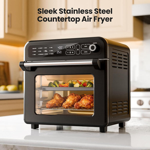 Stainless steel countertop air fryer with food inside, kitchen setting