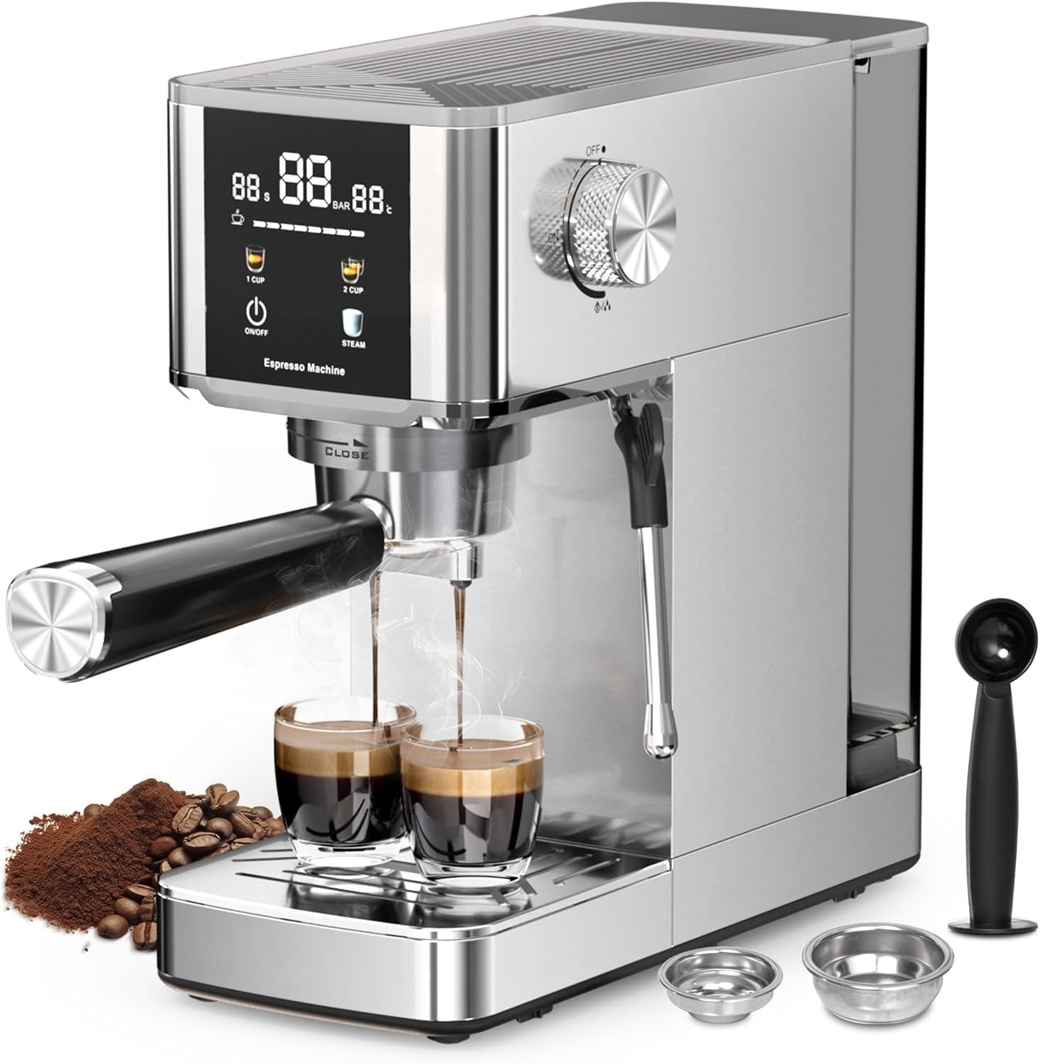 Silver espresso machine with two glasses of coffee and coffee beans on a white background