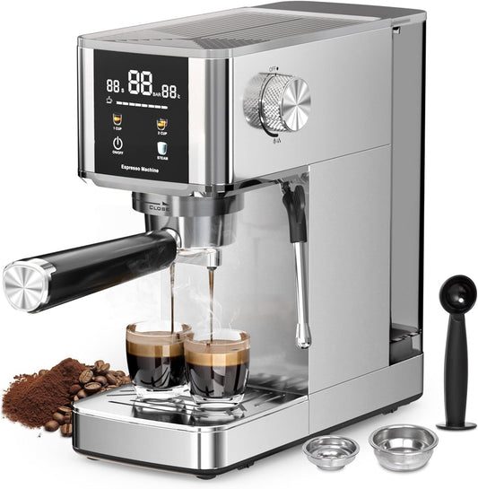 Silver espresso machine with two glasses of coffee and coffee beans on a white background