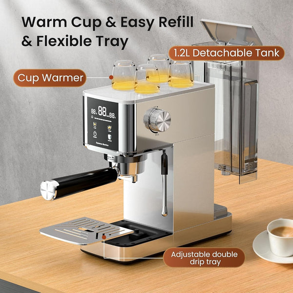 Espresso machine with cup warmer and flexible tray on a wooden surface
