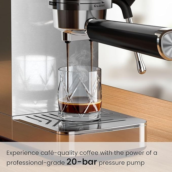 Espresso machine pouring coffee into a glass on a wooden surface.