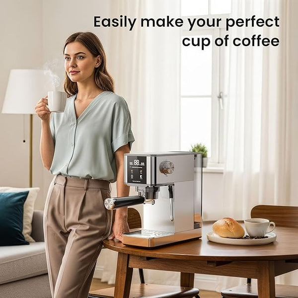 Woman holding a coffee cup next to an espresso machine in a home setting