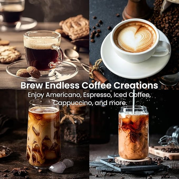 Collage of coffee drinks with text promoting various coffee creations.