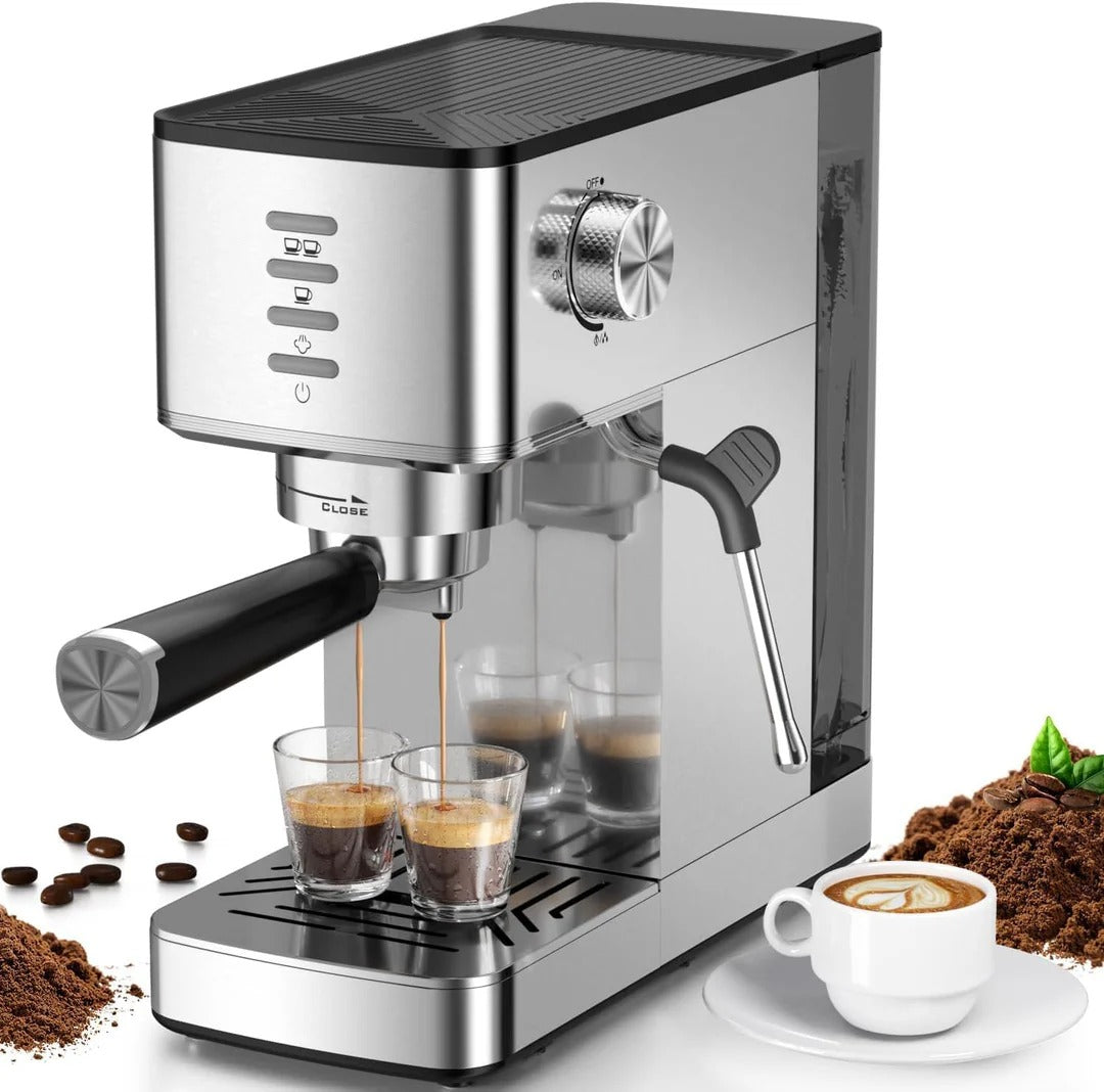 Espresso machine with coffee being dispensed into glasses, surrounded by coffee beans and a cup of coffee.