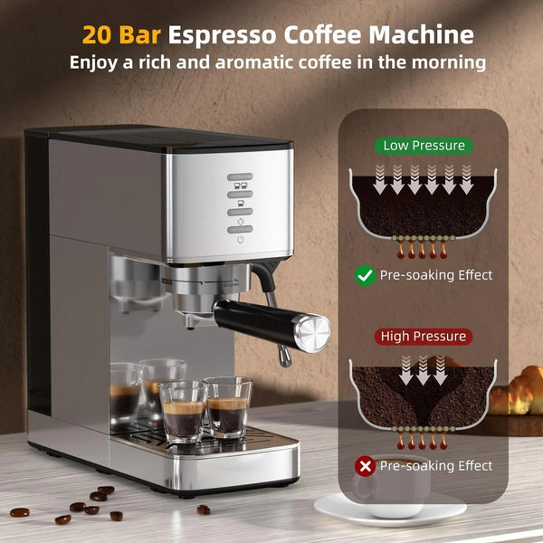 Espresso coffee machine with glasses of coffee and a diagram explaining the brewing process.