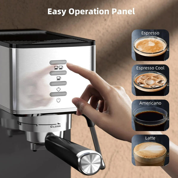 Espresso machine with easy operation panel and coffee types displayed