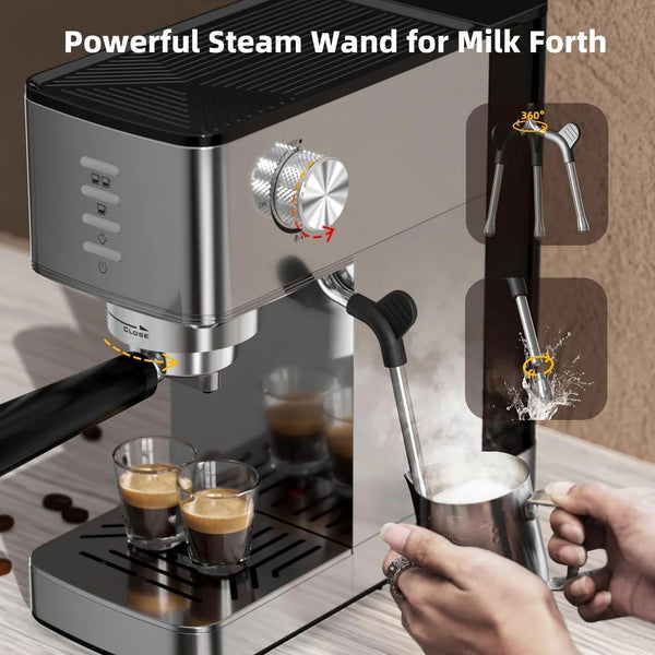 Espresso machine with steam wand being used to froth milk, surrounded by coffee cups and coffee beans.