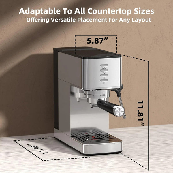Espresso machine with dimensions indicated on a neutral background