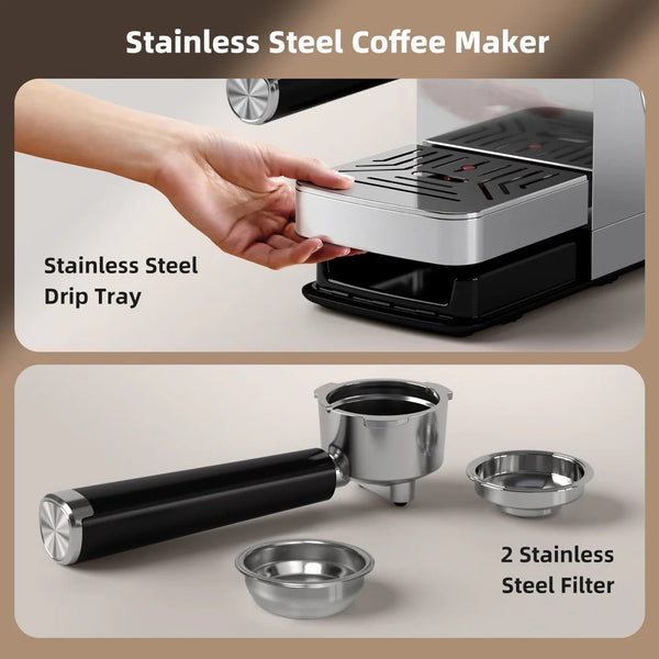 Stainless Steel Coffee Maker with drip tray and filters on a beige background