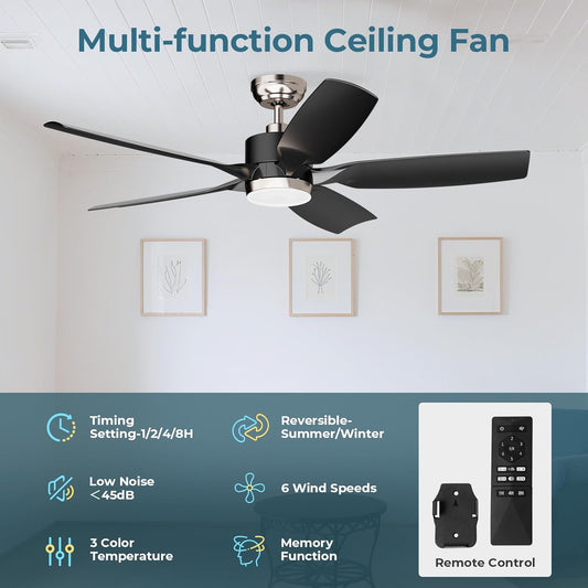 52" Downrod Mount Ceiling Fan with Light & Remote – 6-Speed Reversible DC Motor