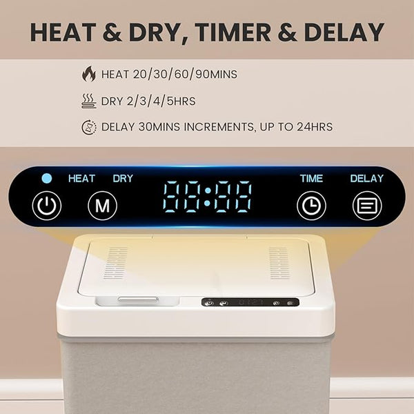 Control panel with digital display and buttons for heat, dry, timer, and delay on a beige background.