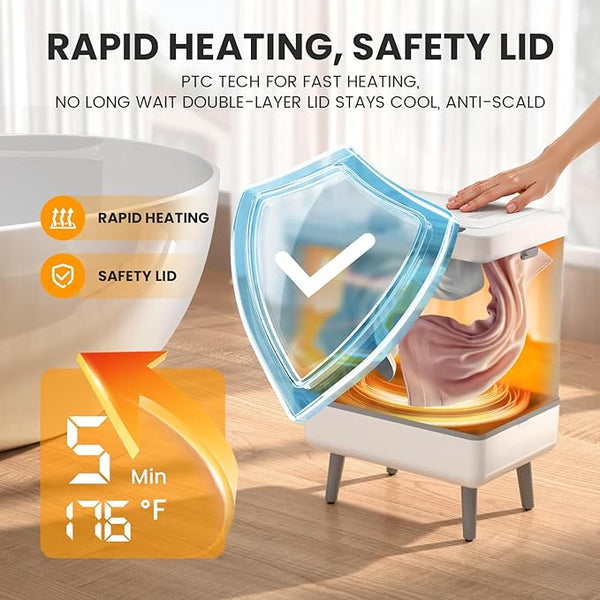 Product with rapid heating and safety lid features on a wooden surface.