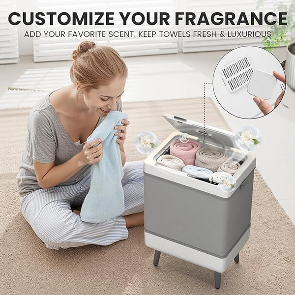 Woman using a towel with a towel steamer in a bathroom setting, emphasizing customization of fragrance.