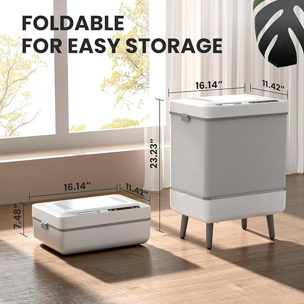 Foldable storage bin with dimensions displayed in a room setting