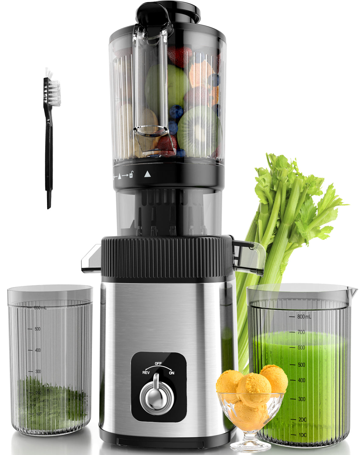 Juicer with ingredients and a glass of green juice on a white background