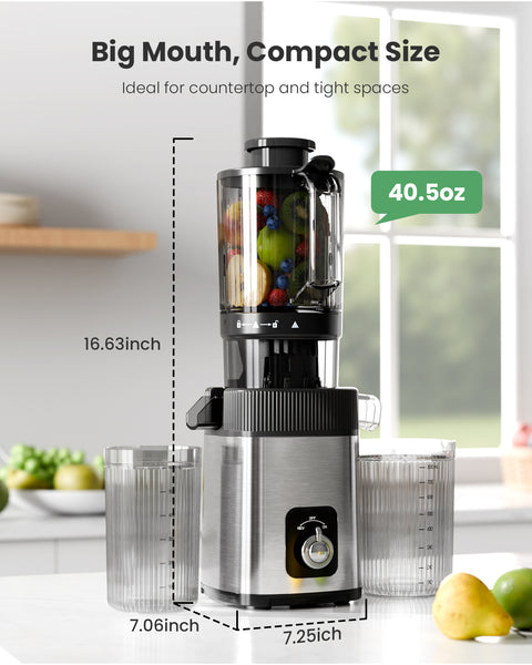 Juicer with dimensions labeled on a kitchen counter