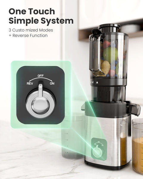 Juicer with control panel and fruits inside, on a white background