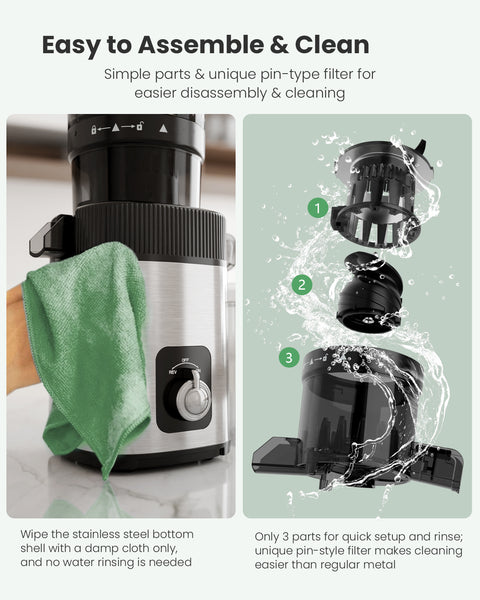 Stainless steel kitchen appliance with cleaning instructions and features highlighted.