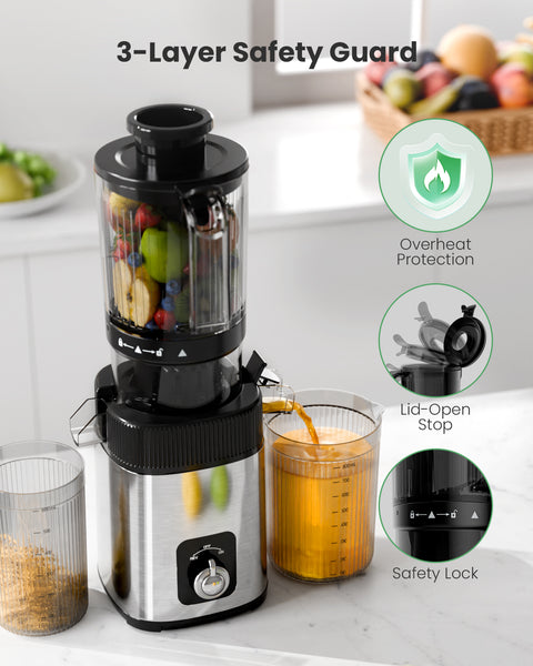 Blender with 3-layer safety guard on a kitchen counter, featuring an open stop and safety lock.