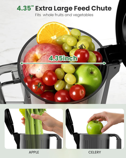 Fruit and vegetable chopper with large feed chute accommodating apples, celery, and other produce.