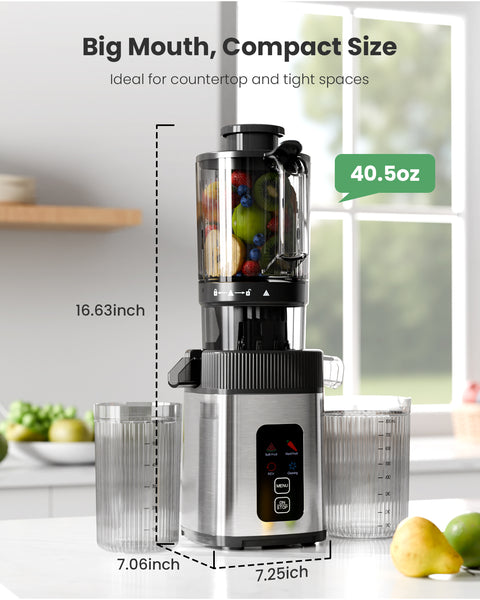 Juicer with dimensions labeled on a kitchen counter